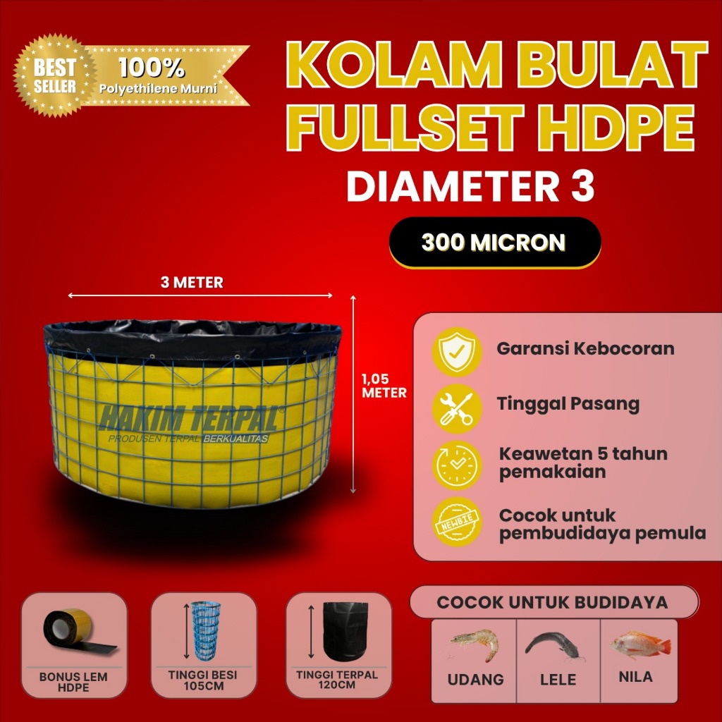 Kolam Bulat Diameter 3m Bahan HDPE 300 Micron Fullset