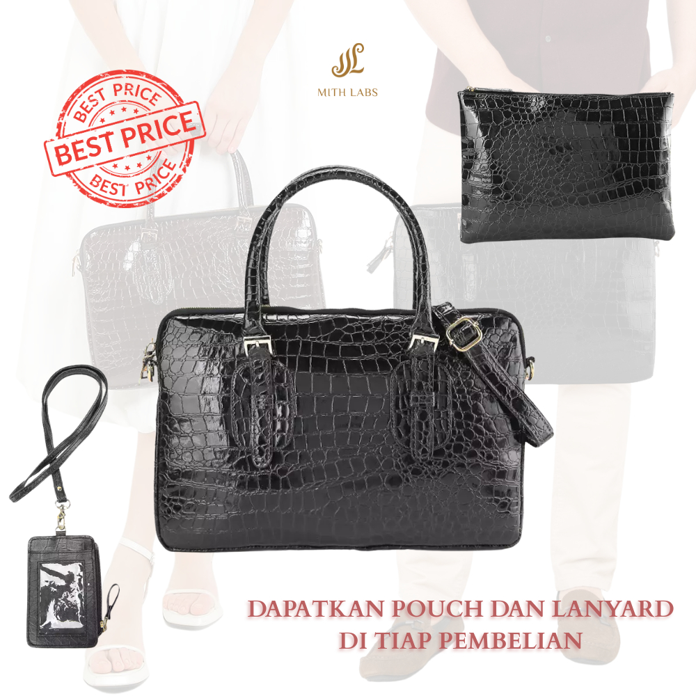 [BUNDLING] 3 in 1 Classic Laptop Case X Lanyard Free Pouch Croco tas kulit buaya unisex 15 inch