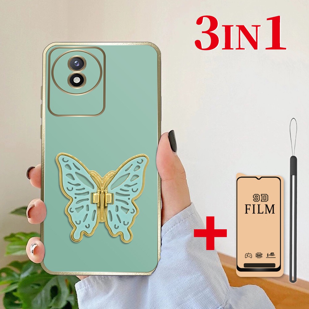 3 dalam 1 Stand Kupu Lipat Casing untuk VIVO Y02 Y02A Y02t Case softcase dengan Pelindung Layar Kera