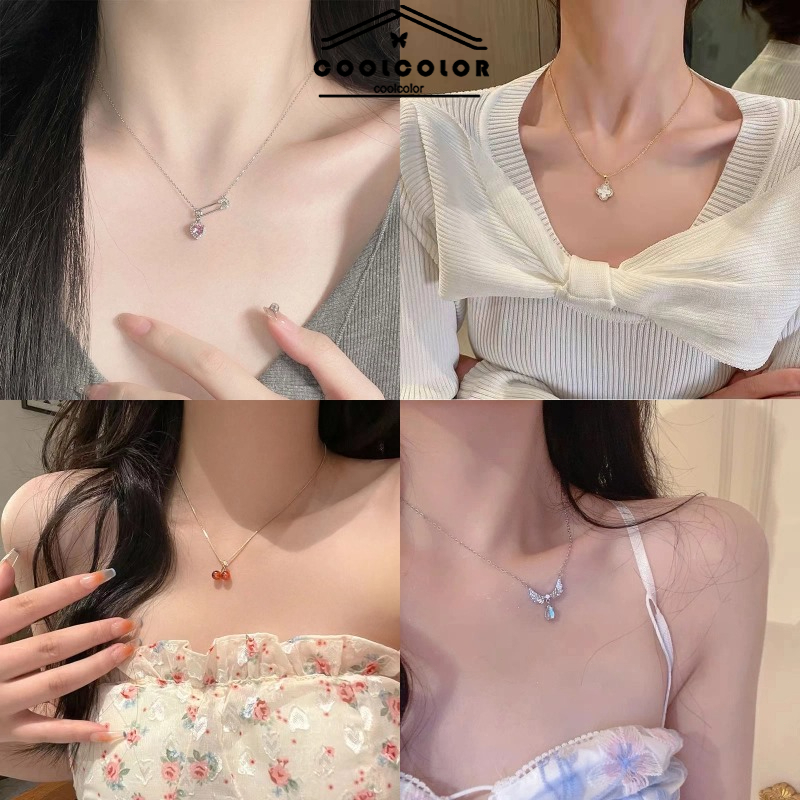 COD  Kalung Pin Jantung Zirkon Perak S925 Kalung Korea Kalung Kalung Semanggi Empat Daun Kalung Ceri