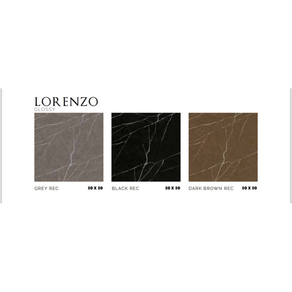 KERAMIK MERK PLATINUM TIPE LORENZO GREY BLACK DRAK BROWN UKURAN 50X50 RECTIFIED CUTTING WARNA ABU HI
