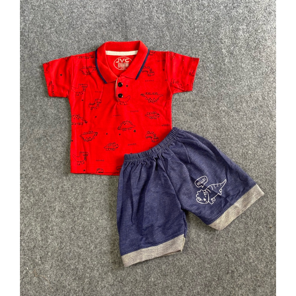 Setelan Bayi Cowok 1-2 Tahun Motif Dino | Baju Anak Laki-Laki Kaos Kerah Kancing Depan