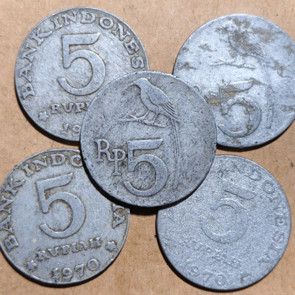 Jelek Rp 5 Rupiah tahun 1970 Burung srigunting Uang koin logam Indonesia kuno kotor