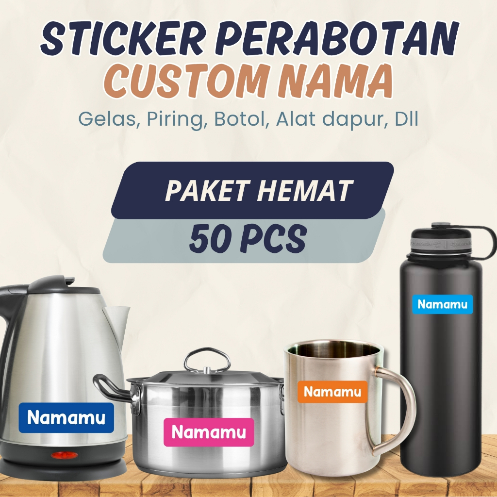 

50 PCS Stiker Waterproof Barang Custom Nama Piring Sendok Botol Gelas Perabotan timbul label