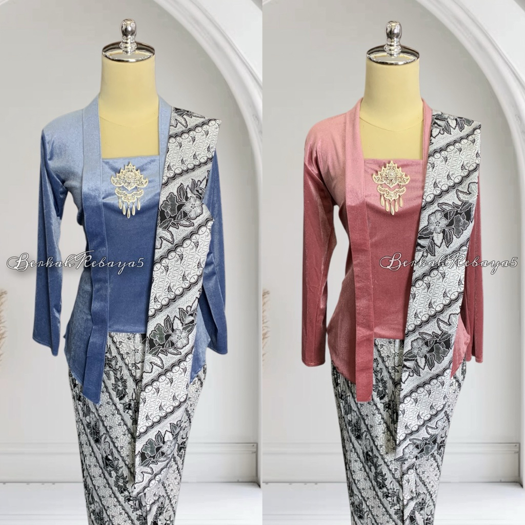 Setelan Kebaya Kutu Baru Bludru Warna Soft / Kebaya + Selendang + Jarik Wiru Plisket