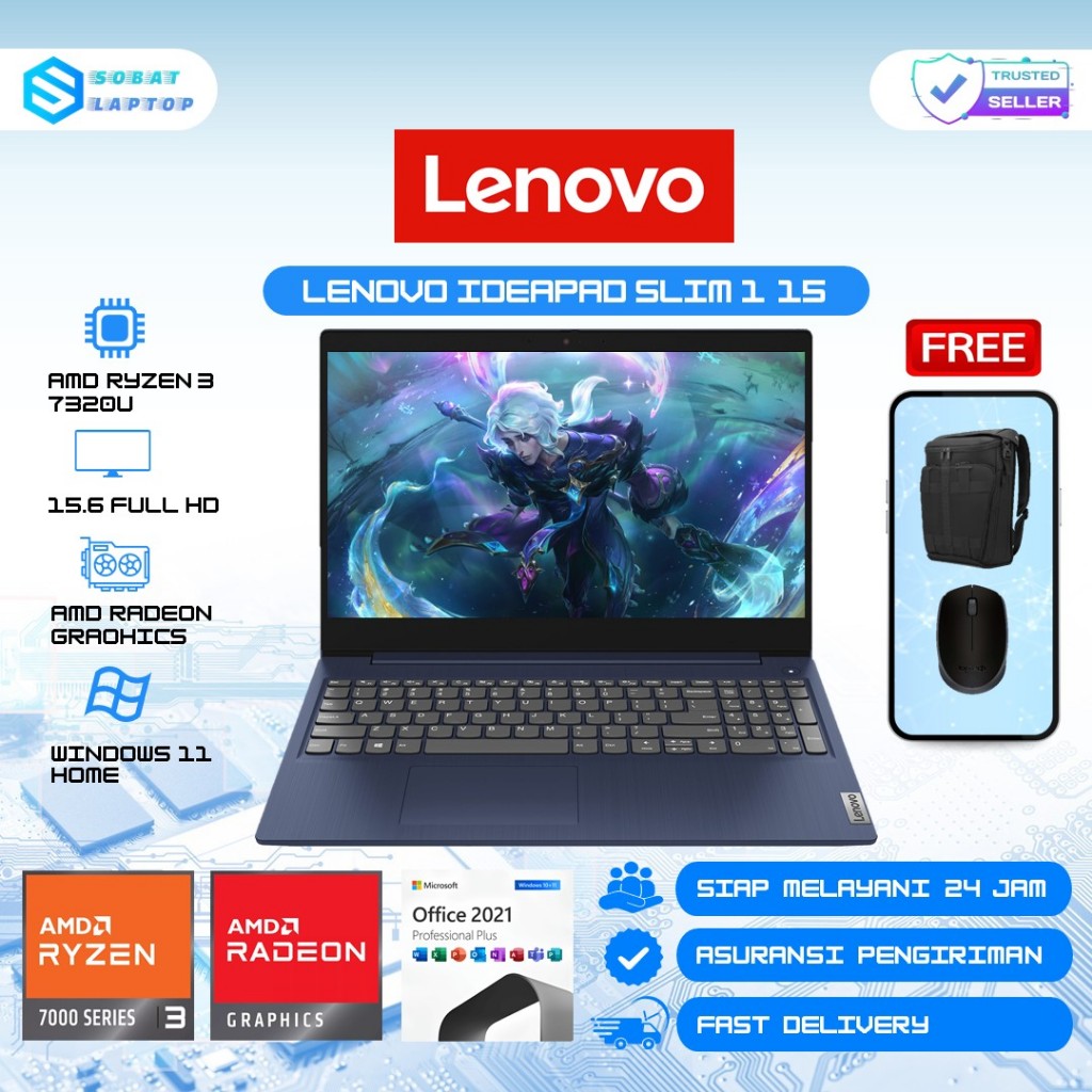 Lenovo Ideapad Slim 1 15 Amd Ryzen 3 7320U Ram 8GB 1TB SSD FHD Fingerprint Windows 11 Office
