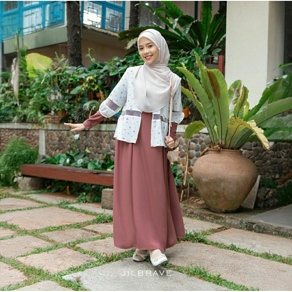 KEIRA DRESS JILBRAVE | 2 IN 1 Style Gamis Polos Set Outer Crinkle Kombinasi Tulle Motif Bunga