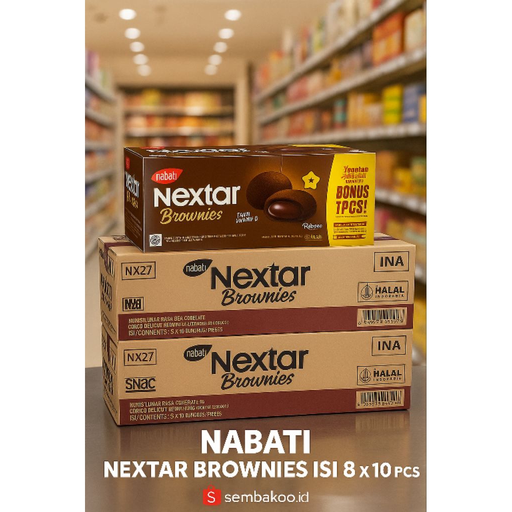 

NABATI NEXTAR Brownies Coklat Lumer – 1 Dus Isi 8 Pack x 10 Pcs | Kue Brownies Lembut Kekinian