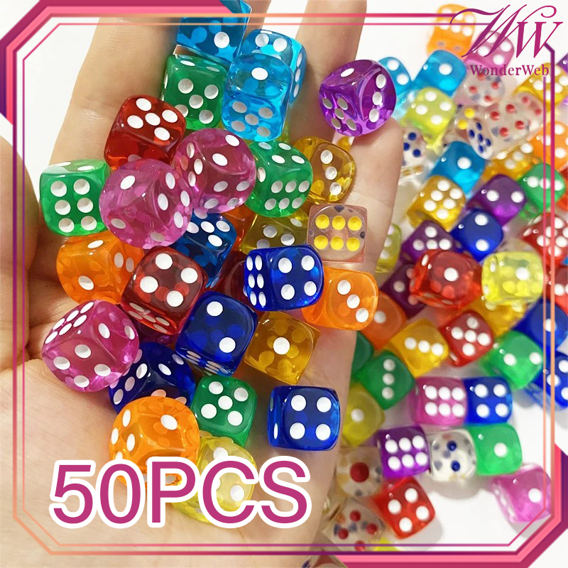 50pcs/Set Dadu Transparan Dadu Warna Warni 14mm Dice Set Dadu Bening Sudut Bulat
