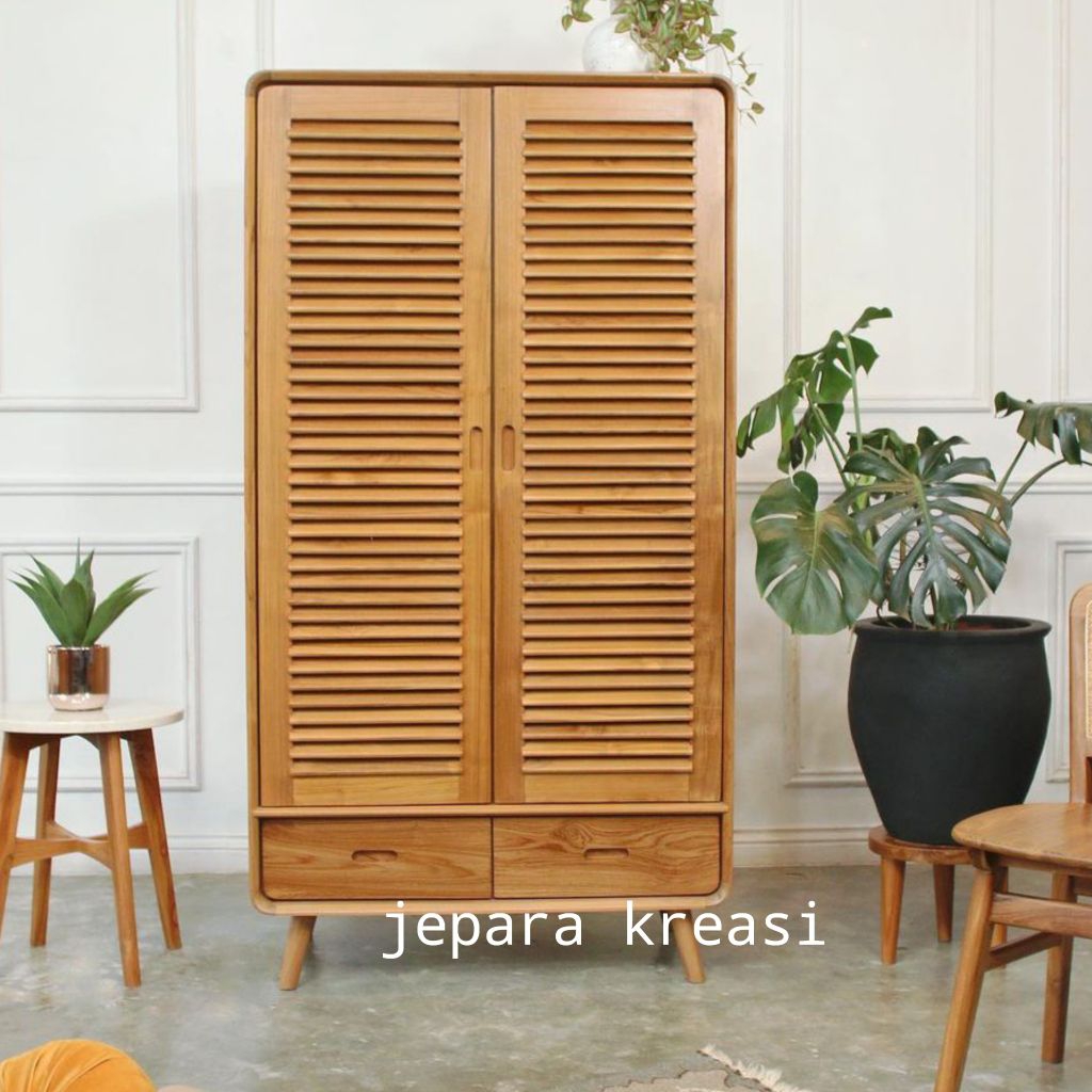 lemari pakaian 2 pintu retro kayu jati minimalis, lemari pakaian 2 pintu kayu jati minimalis