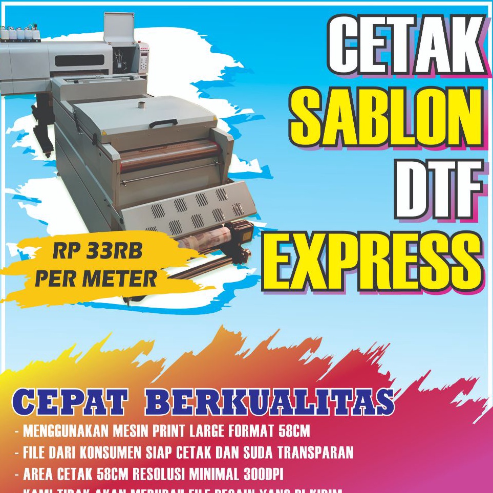 

KODE F1F Print Cetak DTF Meteran Jasa Sablon DTF Meteran Murah Cetak Dtf Express Large Format 58CM