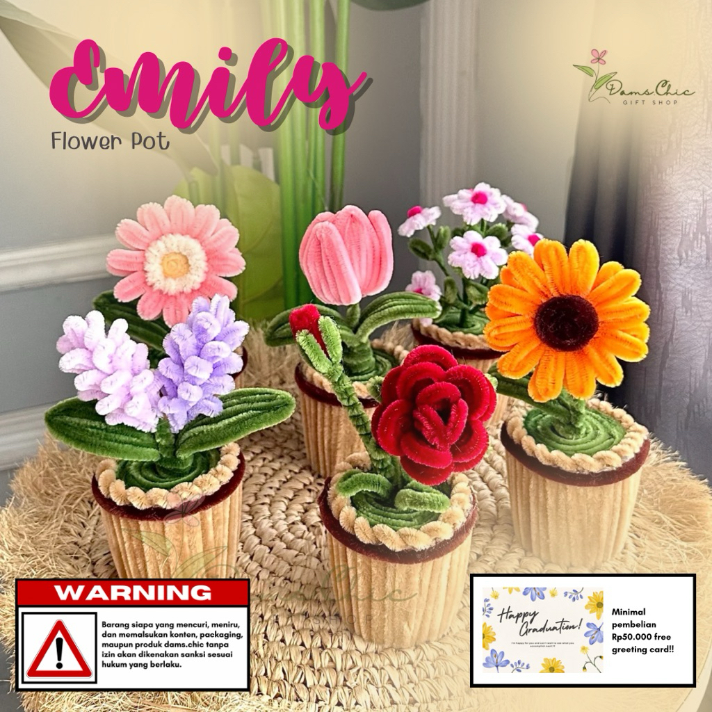 Emily — Flower Pot Pipe Cleaner Kawat Bulu Gift hadiah Pajangan Meja Pajangan Kamar Aesthetic