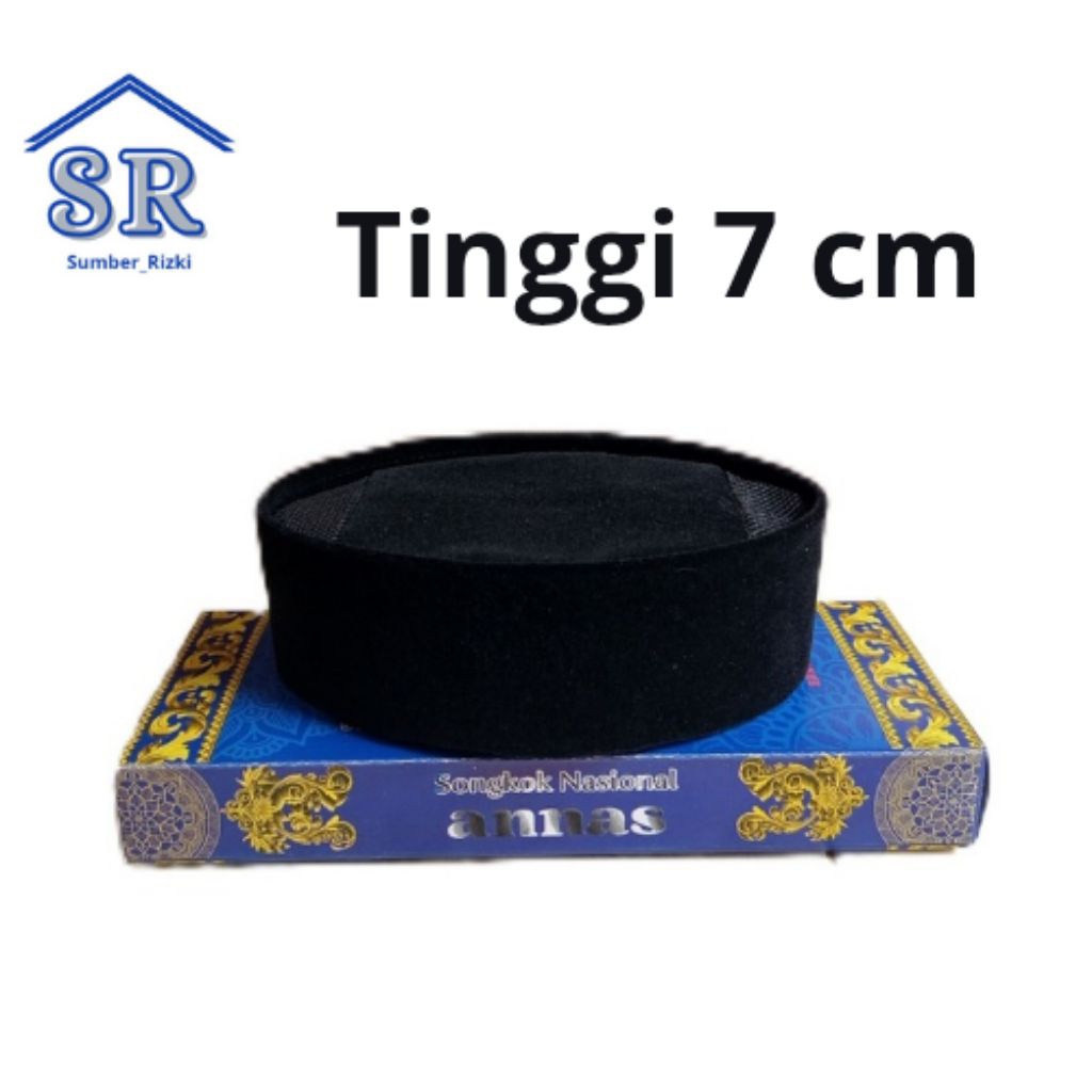 Peci Songkok Hitam Tinggi 7 cm Kopiah Bahan Bludru Halus Dan Tebal