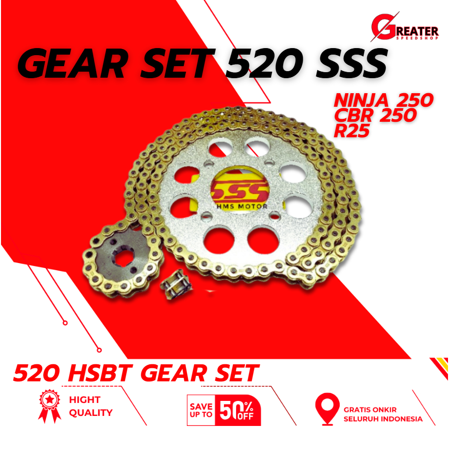 ss Gear Set triple s Ninja 250 Fi / CBR 250 RR / Mono / ZR Red dan Blue Aluminium Rantai 520 HSBT