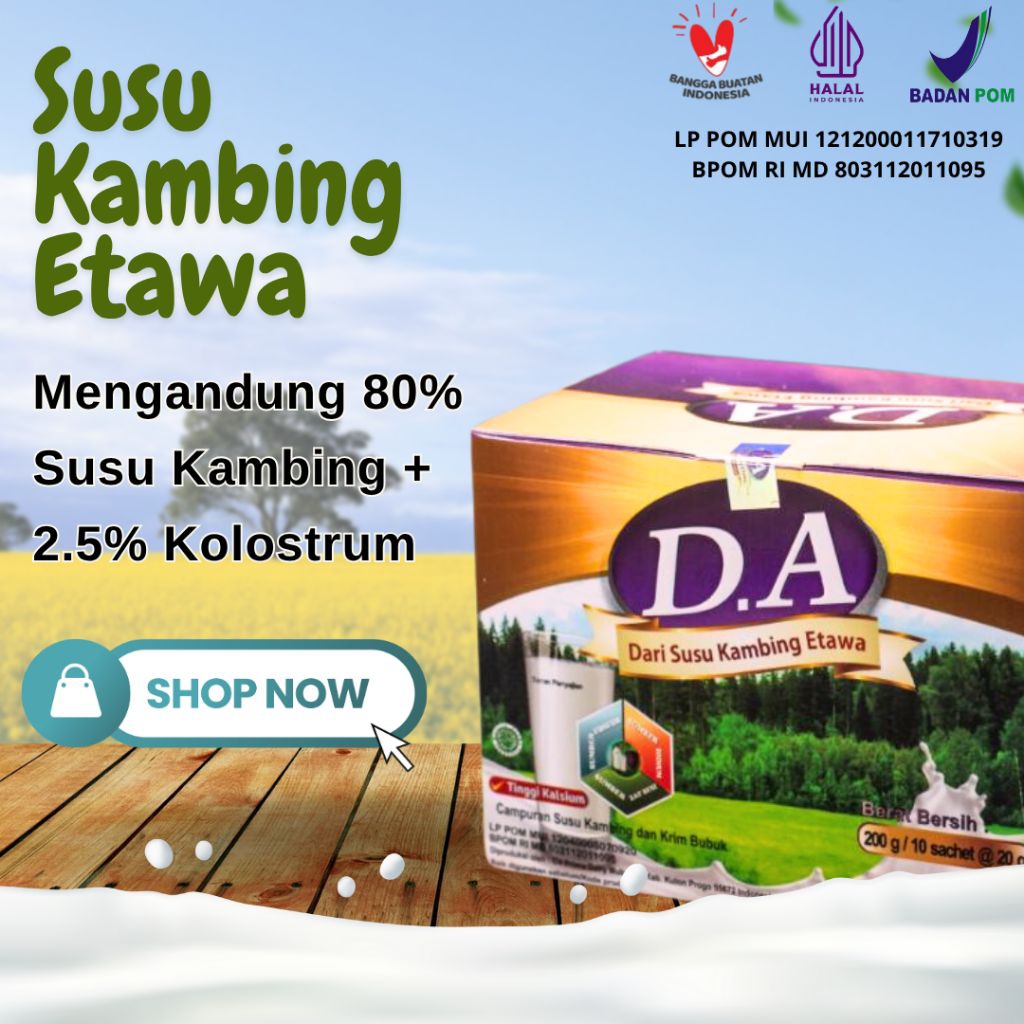 

DA Susu Kambing Etawa 80% plus Kolostrum | 10 Sachet | Tinggi Kalsium, Aman Untuk Asam Lambung | Cocok Untuk Anak Ibu Hamil - Menyusui & Lansia