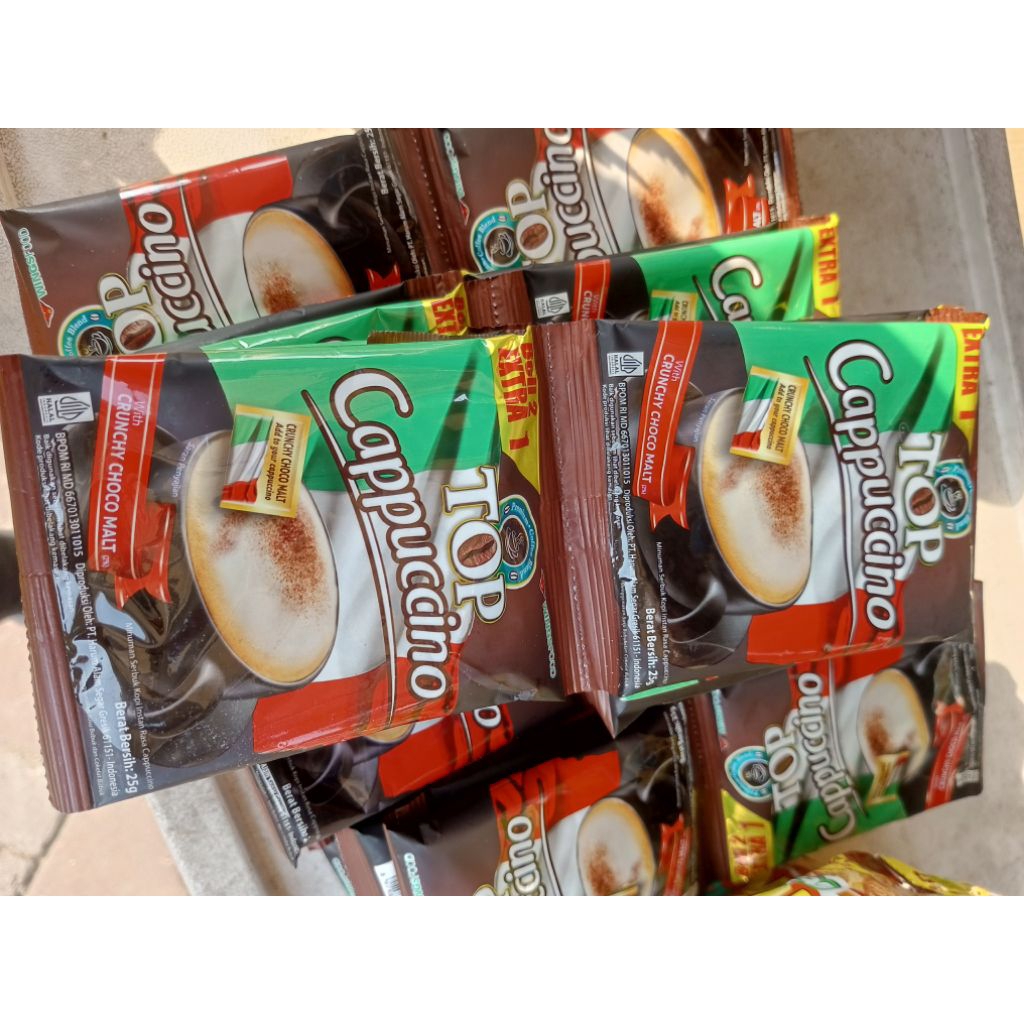 

top capucino crunchy choco malt perenceng isi15 sachet