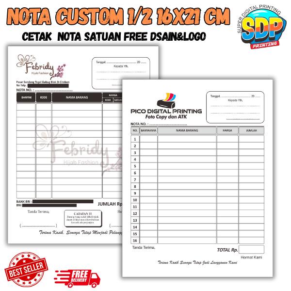 

nota custom 1 ply full color cetak nota custom nama ukuran besar 1/2 polio Super Digital Printing