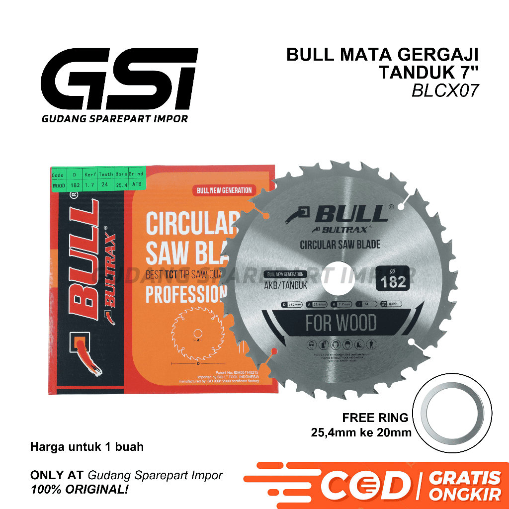 BULL Mata Gergaji Kayu 7 inch AKB BELAH KAYU / Circular Saw Blade 7" BLCX07
