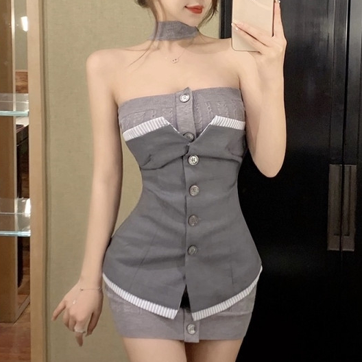 Wanita Korea baru seksi dewasa kancing jahitan tabung atasan rajutan gaun pendek