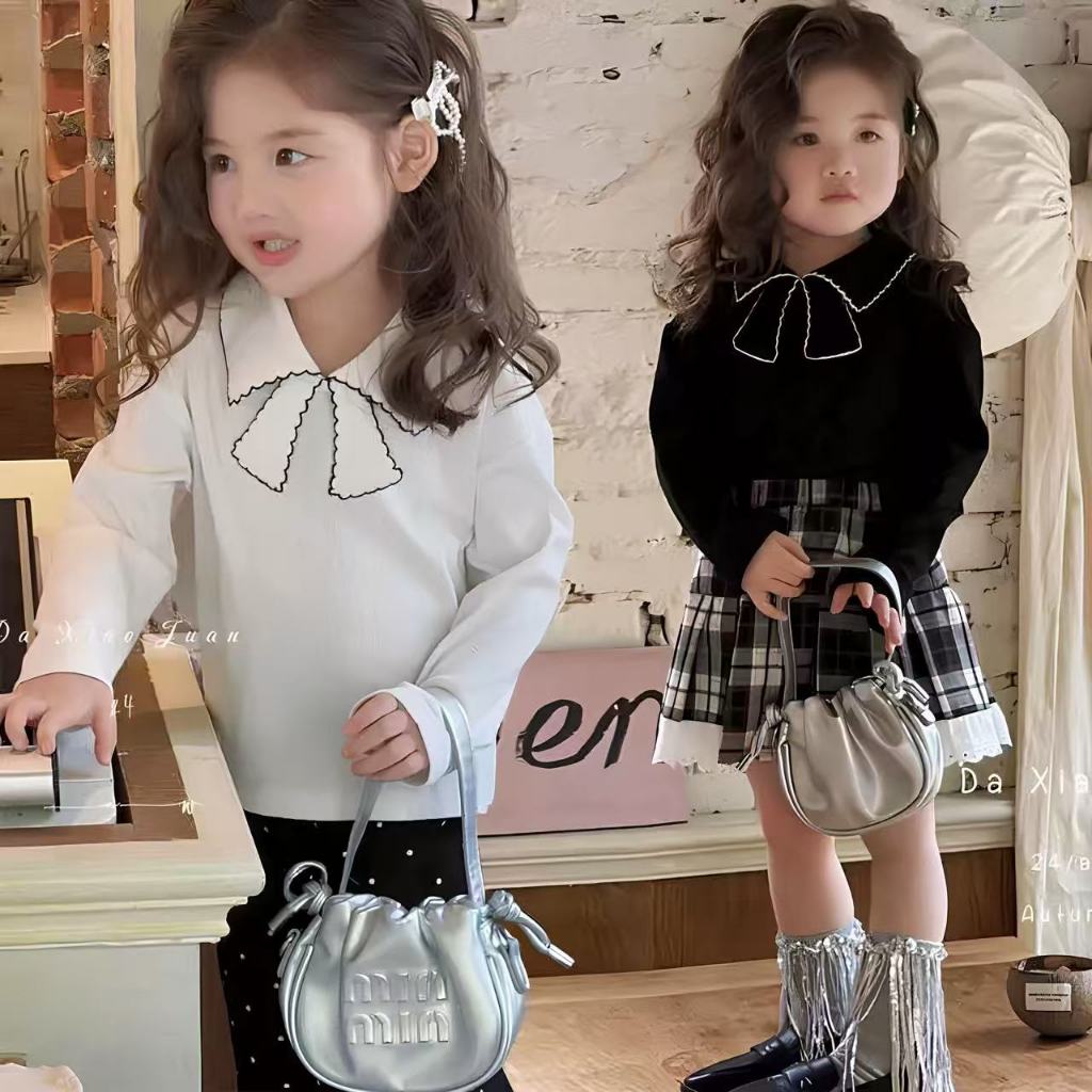 Holahoo Baby Kemeja Simpul Anak Perempuan Musim Semi dan Musim Gugur Atasan Kaos Lengan Panjang Dasi