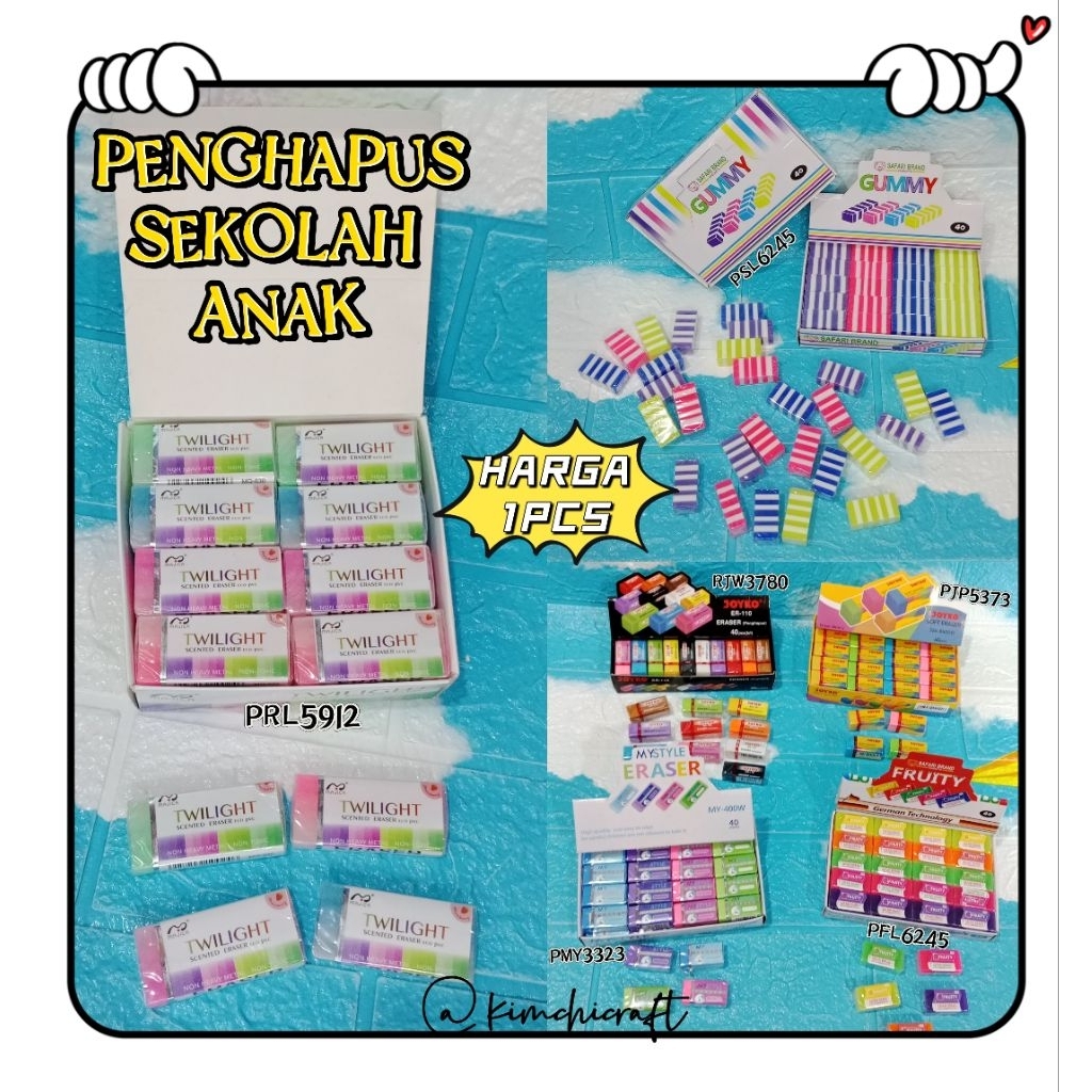 

PENGHAPUS ANAK SEKOLAH / PENGHAPUS BERMACAM WARNA / PERALATAN SEKOLAH / PENGHAPUS JOYKO WARNA WARNI / STIP ANAK SEKOLAH / PENGHAPUS MODEL UNIK DAN LUCU / PSP3225 / PMY3324