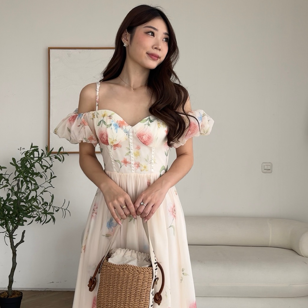 DRESS ELEGANT BUNGA FLORAL BEACH WEAR SABRINA GAUN PANTAI  WANITA MX585