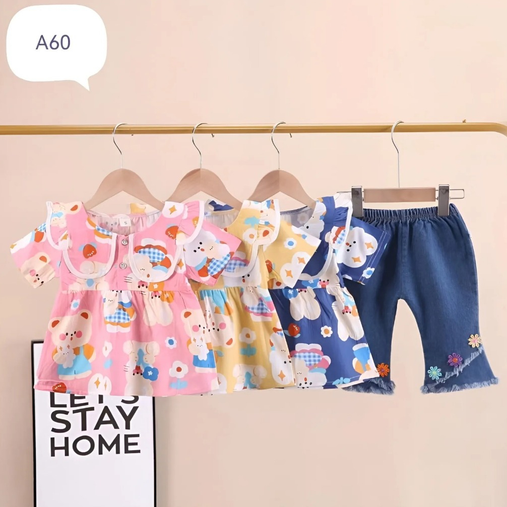 Setelan Pakaian Anak Cewek Baju Katun Motif Beruang Lengan Pendek Krah Rempel & Celana Jeans Denim B