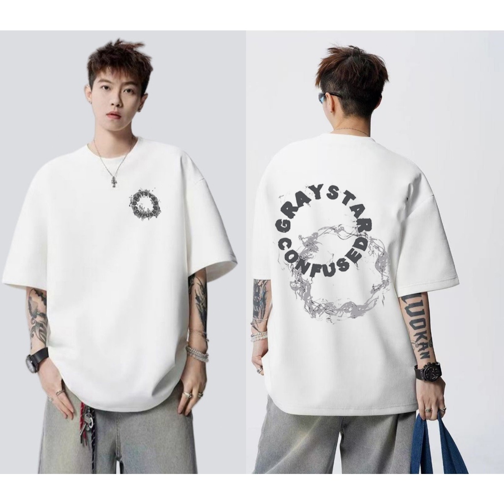 Atasan kaos bermotif lingkaran, kebesaran, pria, putih, dewasa, Distro, lengan pendek, Keren