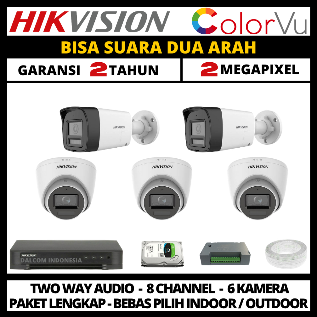 Paket cctv hikvision colorvu 2mp 8 channel 5 kamera two way audio paket cctv lengkap