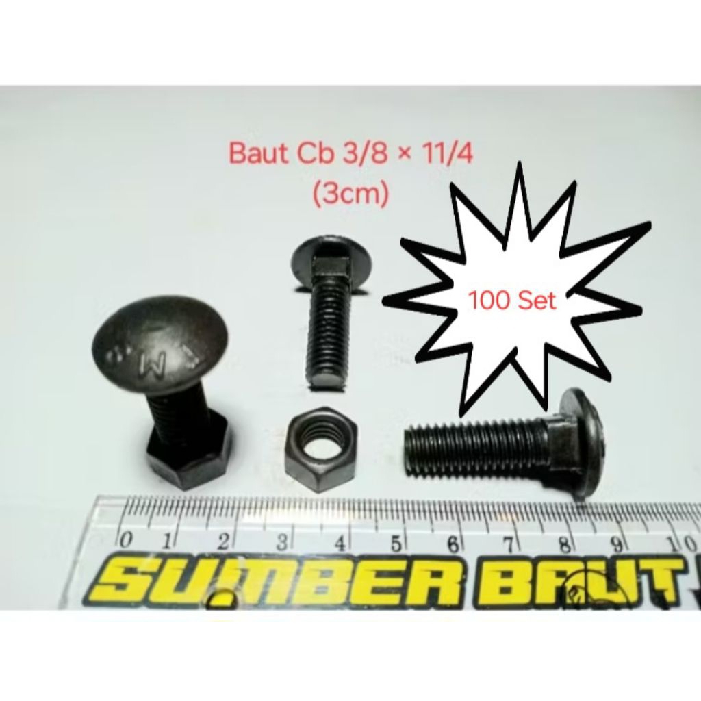 100 SET Baut Cb 3/8 3cm kunci 14 / pagar / payung / bak truk / bumper mobil / carried bolt