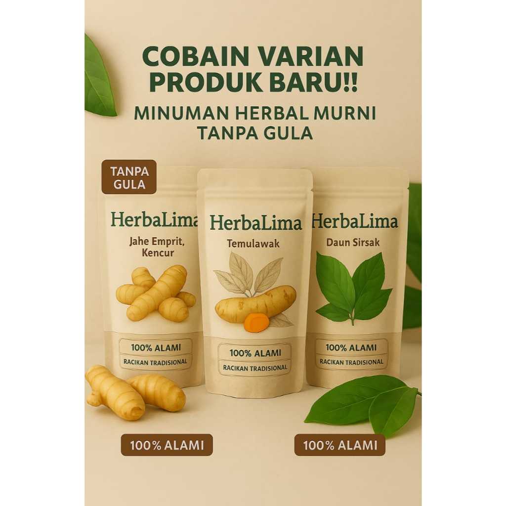 

[HEMAT 3 PCS] HerbaLima Minuman Herbal Bubuk Jahe Kencur Temulawak Daun Sirsak – 100% Alami HALAL