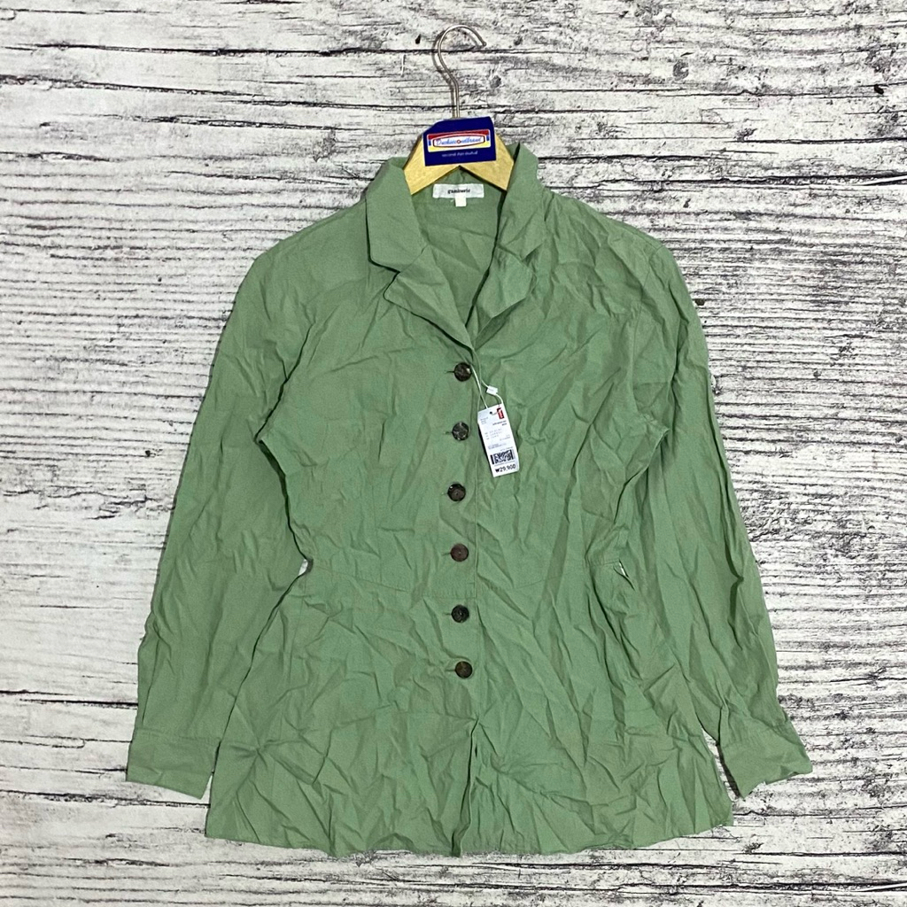 kemeja blouse blus atasan bajuy wanita perempuan cewek polos motif dres drees hijau sage second