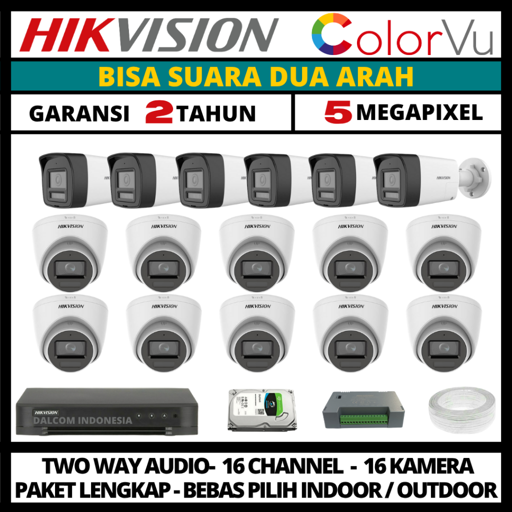 Paket cctv hikvision colorvu 5mp 16 channel 16 kamera two way audio paket cctv lengkap