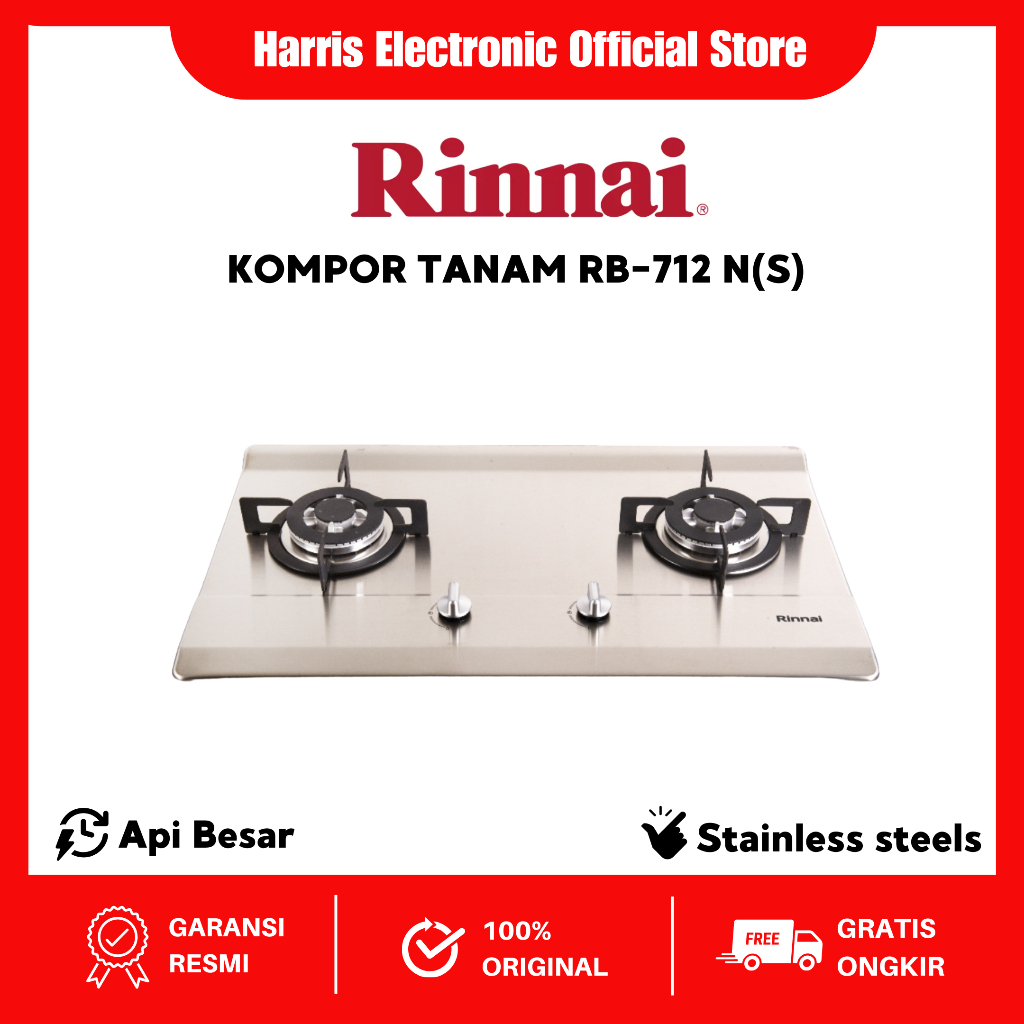 Kompor Gas Tanam 2 Tungku (Stainless) Rinnai RB-712N (S) / RB712NS ORI