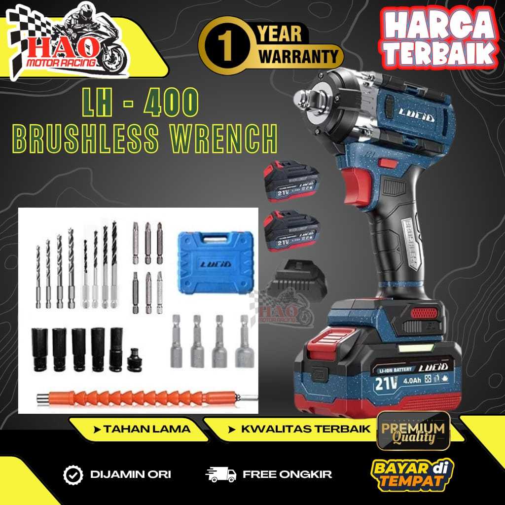 LUCID LH400 Brushless Wrench 450N.M Impact Baterai Cordless Mesin Bor Tanpa Kabel Praktis Bagus