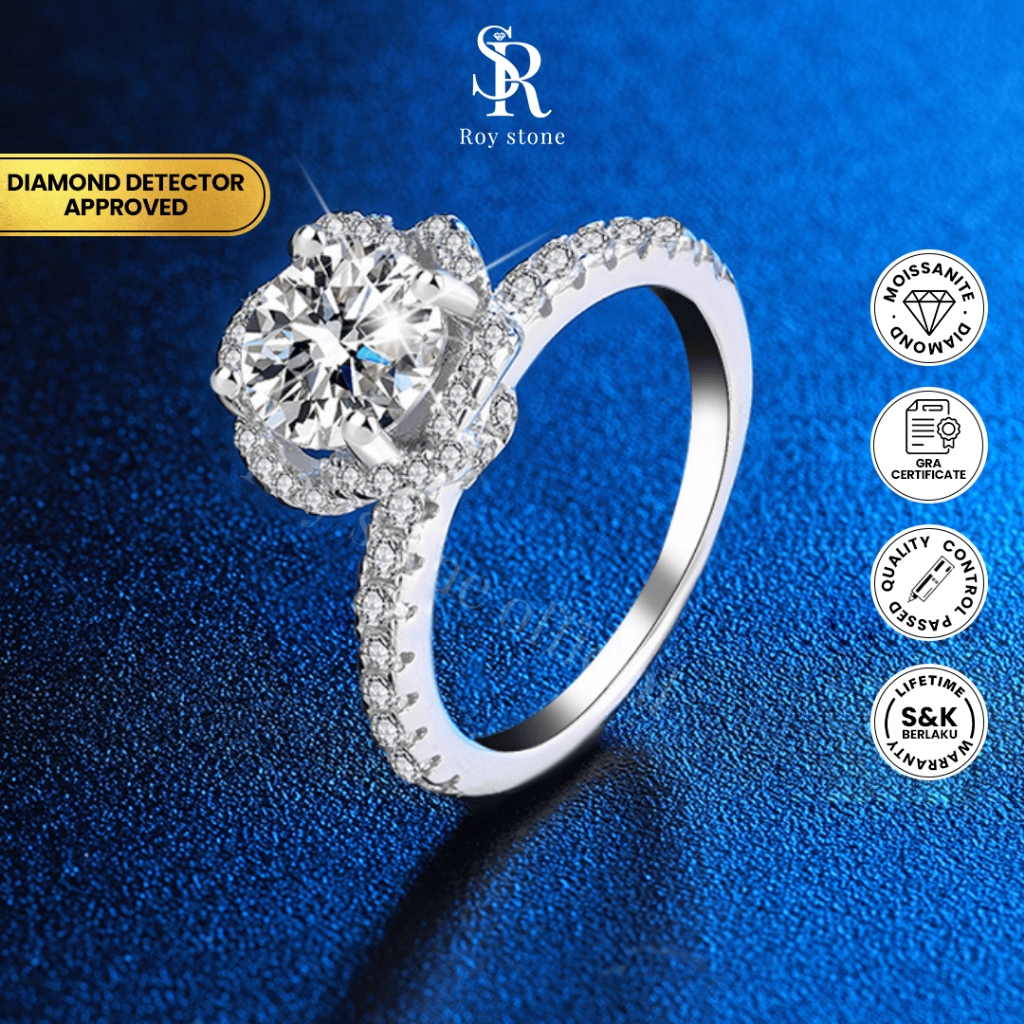 Roystone_Moissanite Cincin Wanita Original Sertifikat GRA Silver925 Lapis Emas18K_Rosella Ring
