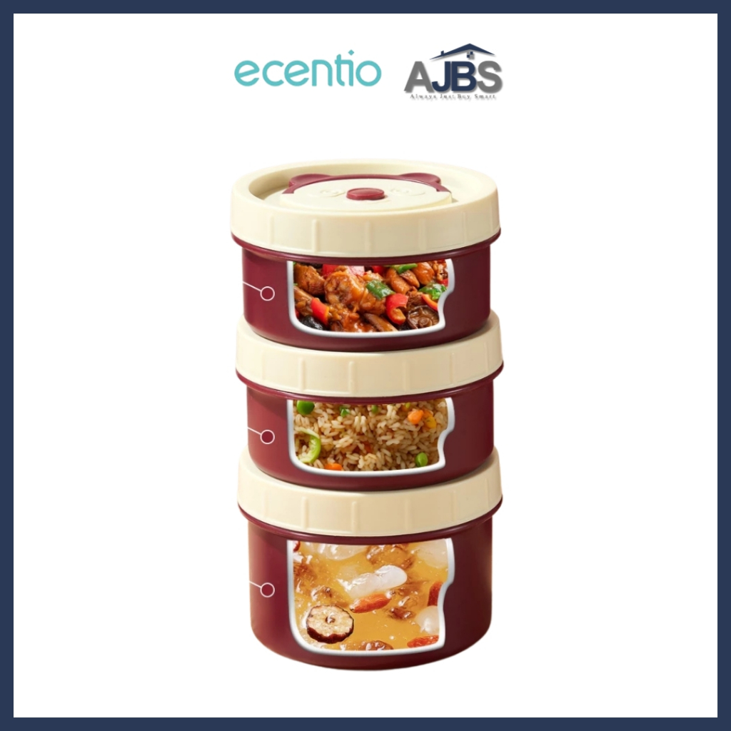 Ecentio Lunch Box Set 3 Pcs - Kotak Bekal Bentuk Bulat - Kotak Bekal Stainless Steel ECN015
