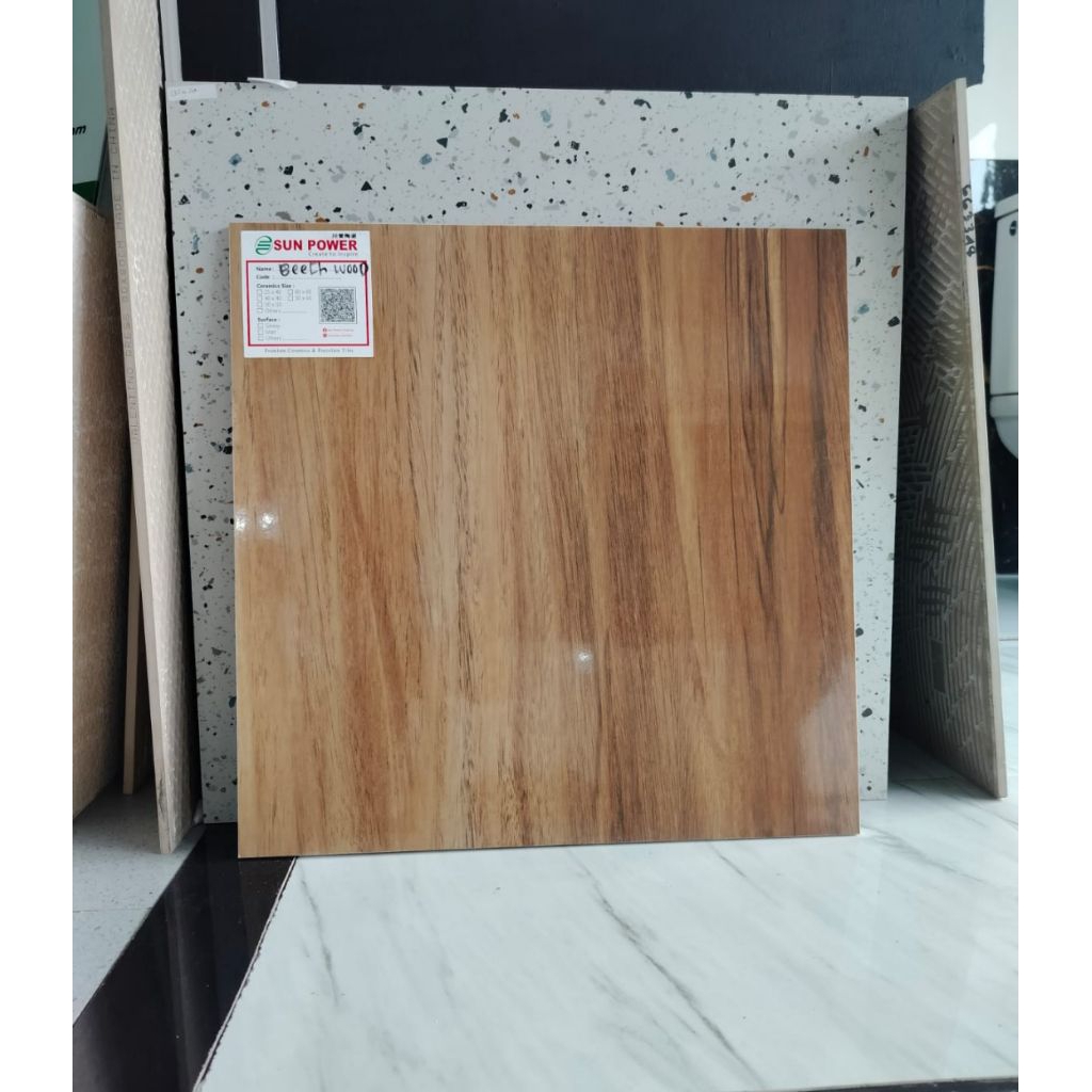 KERAMIK MERK SUNPOWER TIPE BEECH WOOD UKURAN 50X50 WARNA COKLAT MOTIF CORAK KAYU SEMI GRANIT, WHITE 