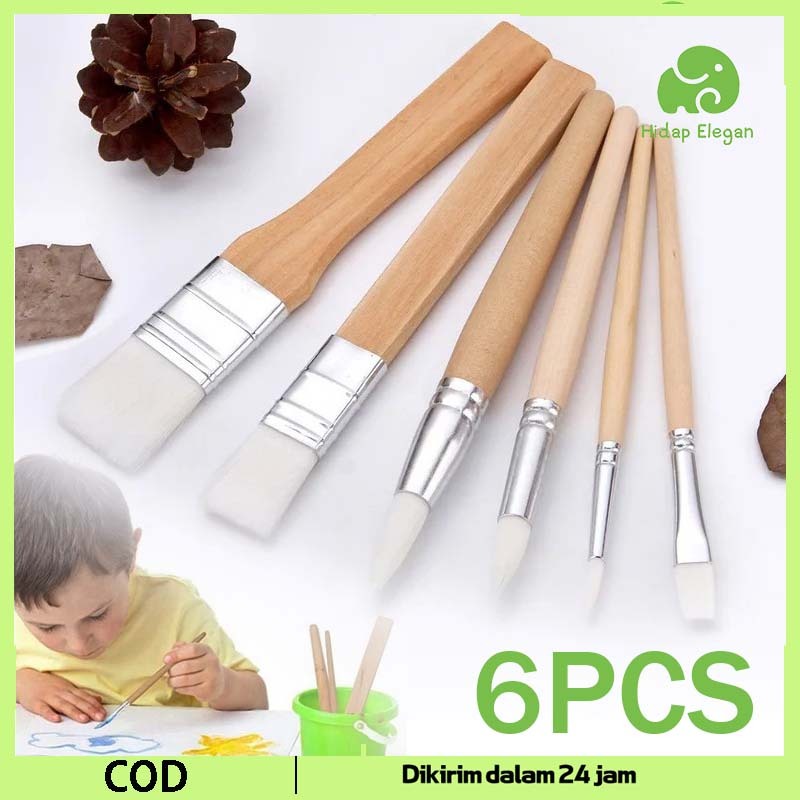 

6pcs Nylon Brush Kuas Cat Minyak Kuas Lukis Round Flat Tip Kuas Lukis Lengkap Gagang Kayu Kuas Cat Air Nilon Brush