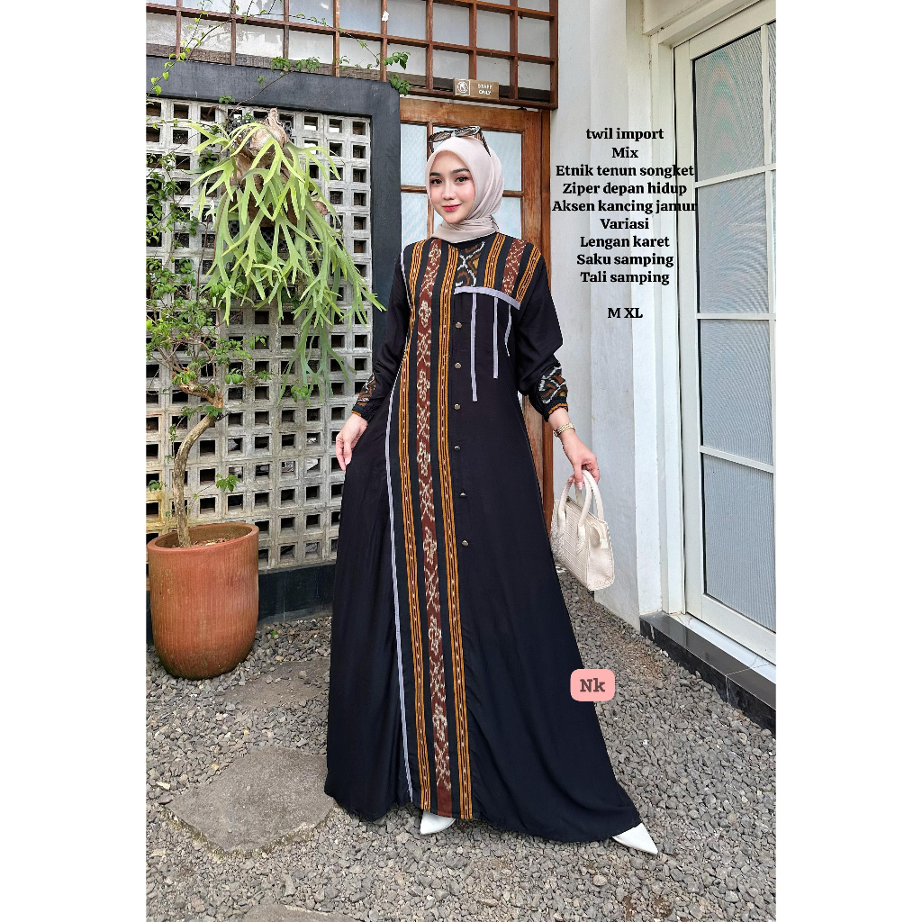 Gamis Twill Kombinasi Etnik Tenun Songket.Gamis Terbaru.