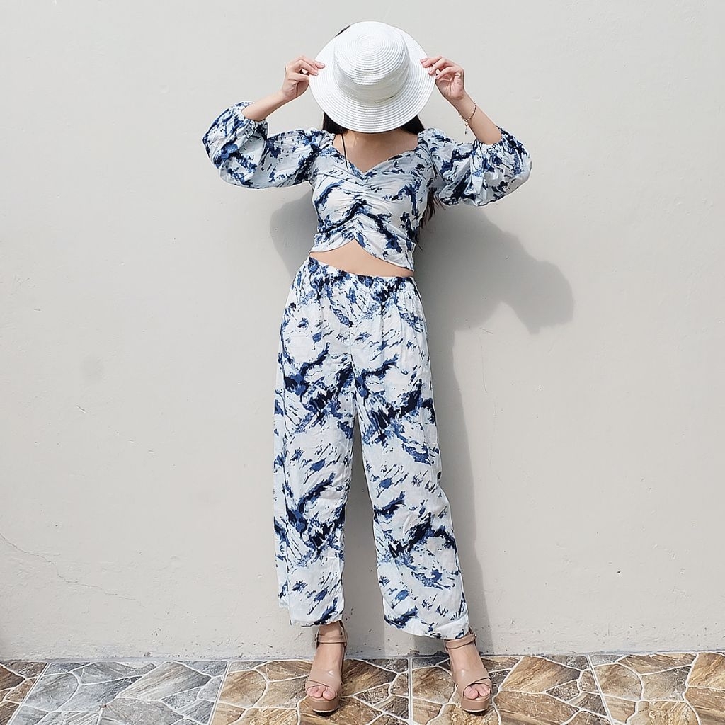 MyCikii Tie Dye Navy Set / setelan rayon wanita / setelan import bangkok / setelan sabrina lengan pa