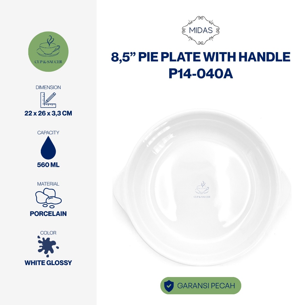 Midas Piring Kue Bulat Dengan Pegangan Porselen Diameter 8,5” Inch / 22 cm Putih Polos Kilap Minimal