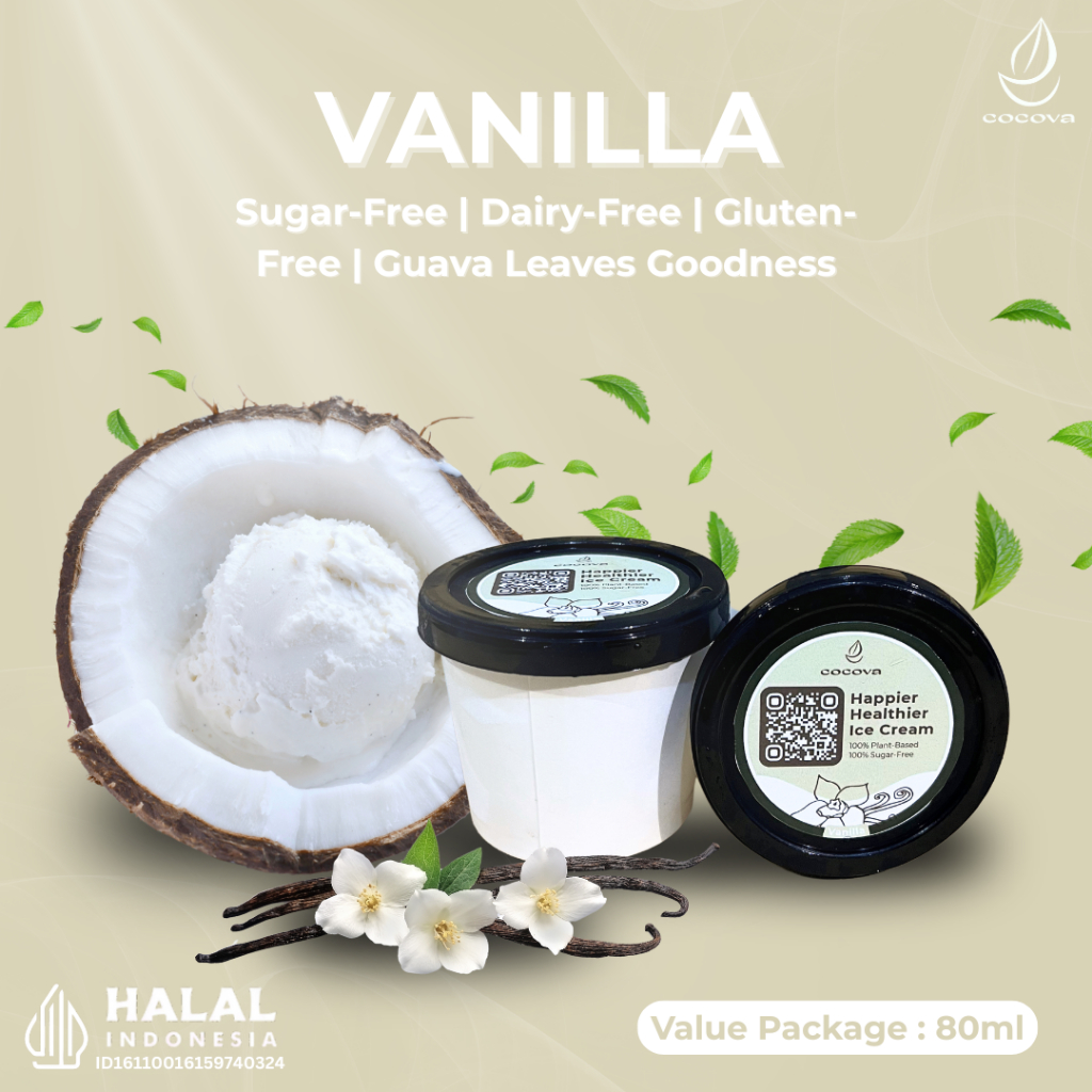

COCOVA Es Krim Sehat Bebas Susu & Gula - Vanilla 80 ml | Sugar-Free, Dairy-Free, Gluten-Free