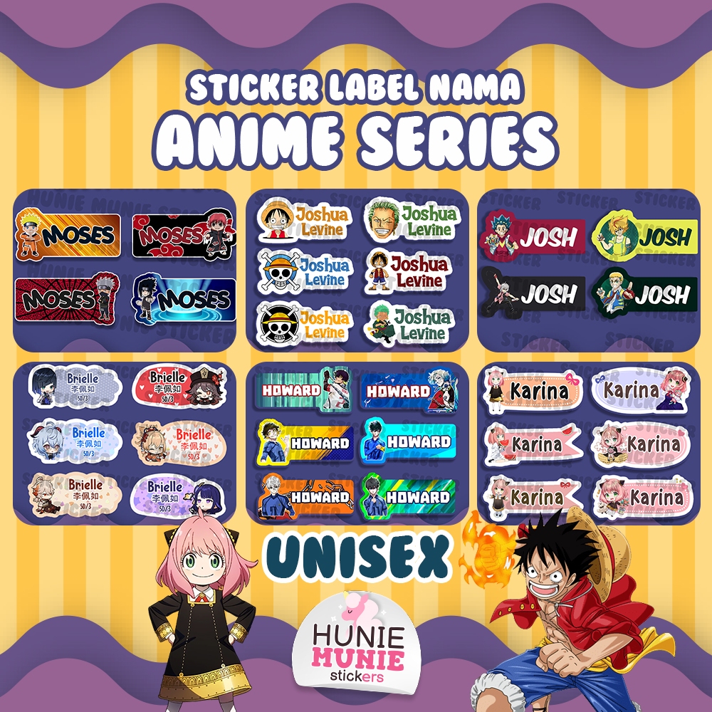

Sticker Label Nama Custom - ANIME Manga SERIES (100pcs) - Stiker Name Komik - Conan Beyblade Bleach Chiikawa Blue Lock Genshin Naruto One Piece Sinchan Slam Dunk Spy X Totoro Ultraman