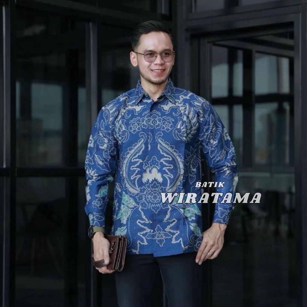 Ganendra Biru  Kemeja Batik Pria Lengan Panjang Bahan Katun Prima Premium Modern Anak Muda | Batik W