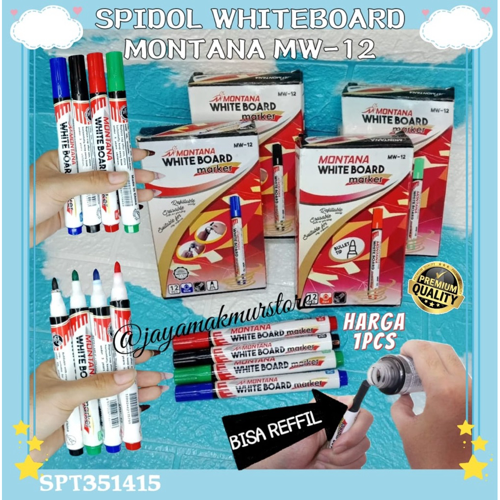 

(1PCS) SPIDOL MONTANA MW-12 HITAM BIRU MERAH HIJAU / SPIDOL PAPAN TULIS PUTIH BISA DIHAPUS DAN BISA ISI ULANG ATAU REFILL / SPIDOL MARKER WHITEBOARD / SPT351415