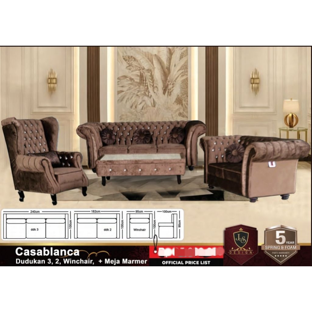 Sofa J&S tipe Casablanca 3+2+ Winchair + meja marmer