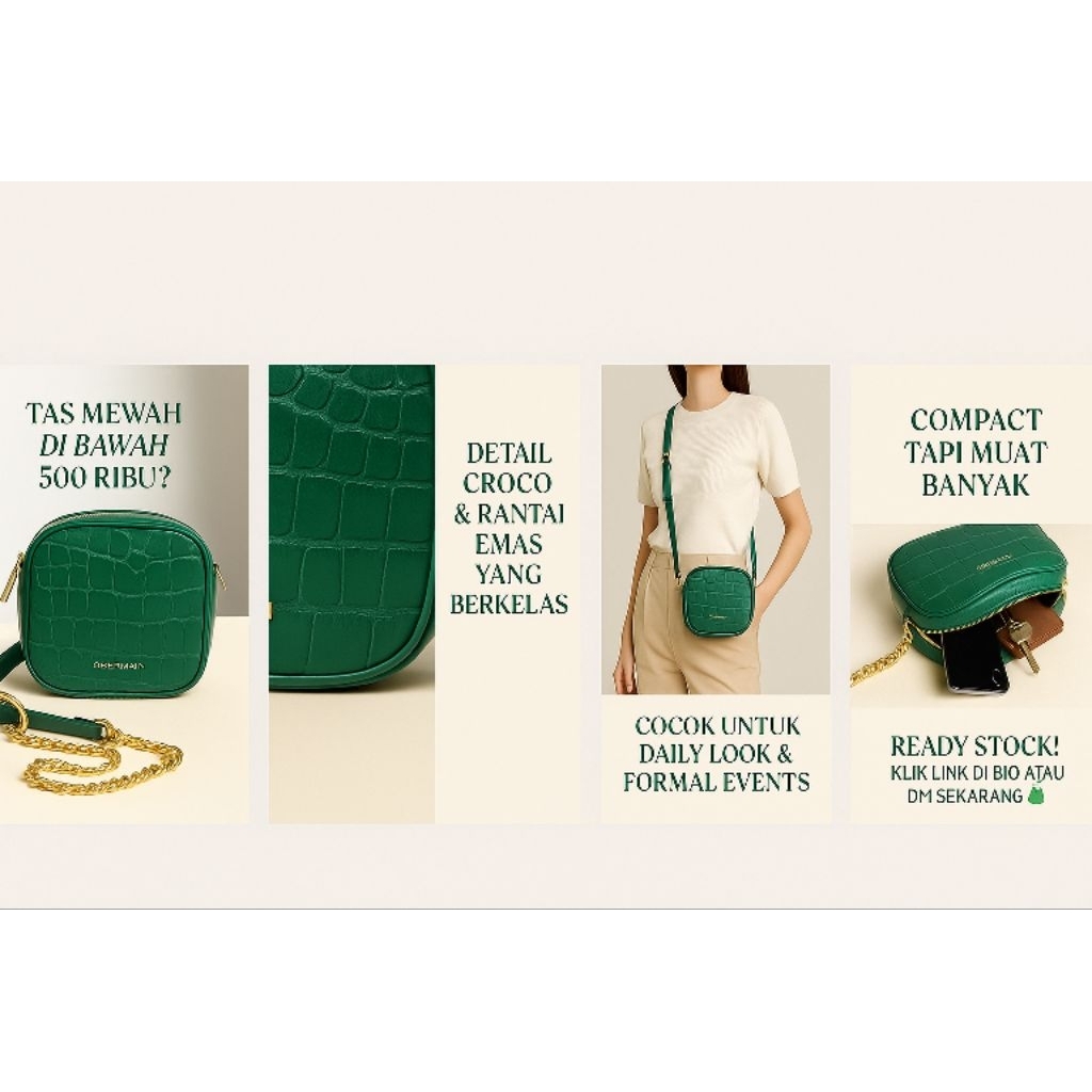 Tas Selempang Wanita Obermain Croco Emerald Green Asli / Tas Branded Wanita Original