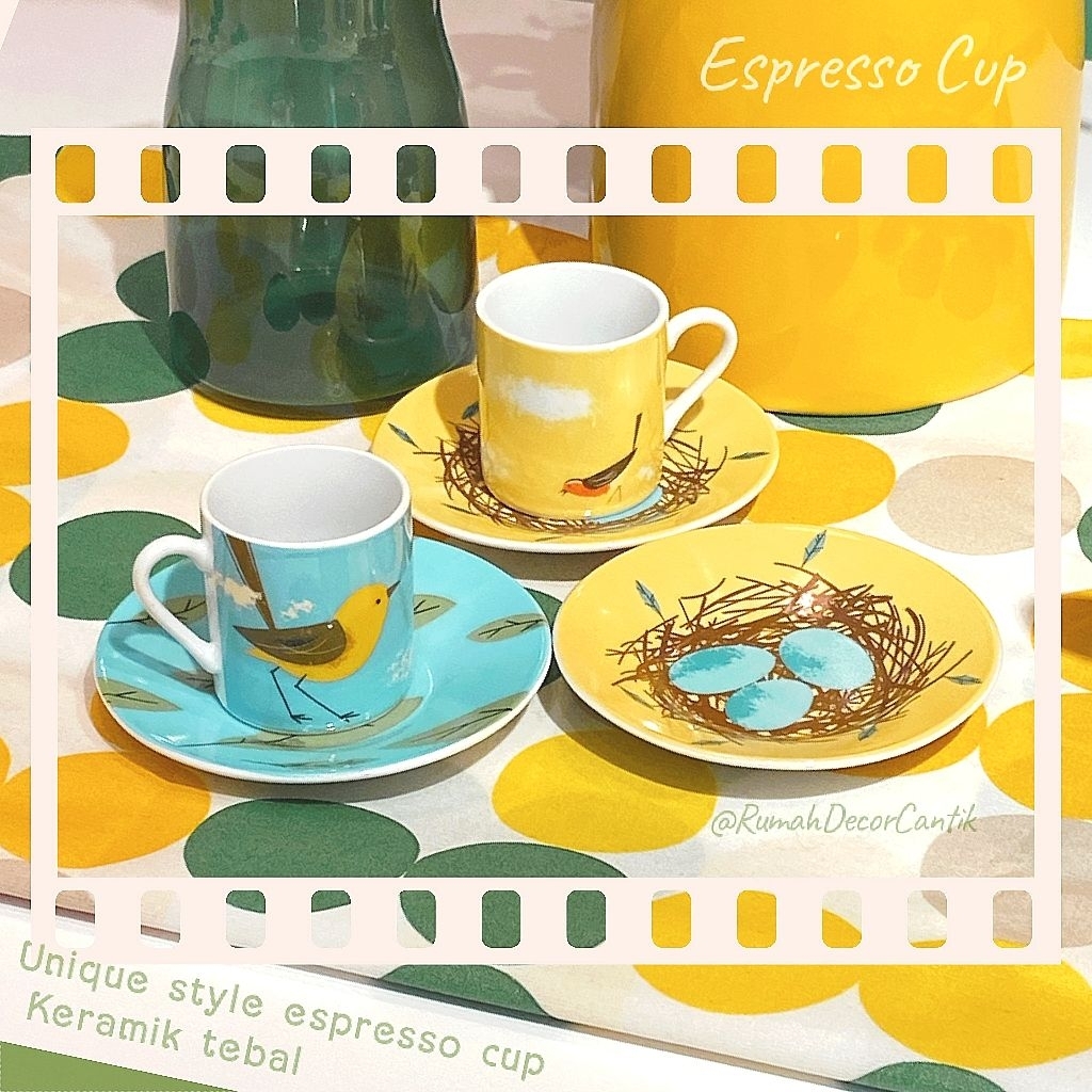 Espresso Cup 2 set = 2 cangkir + 2 piring Kuning Keramik Tebal Tropical Unik