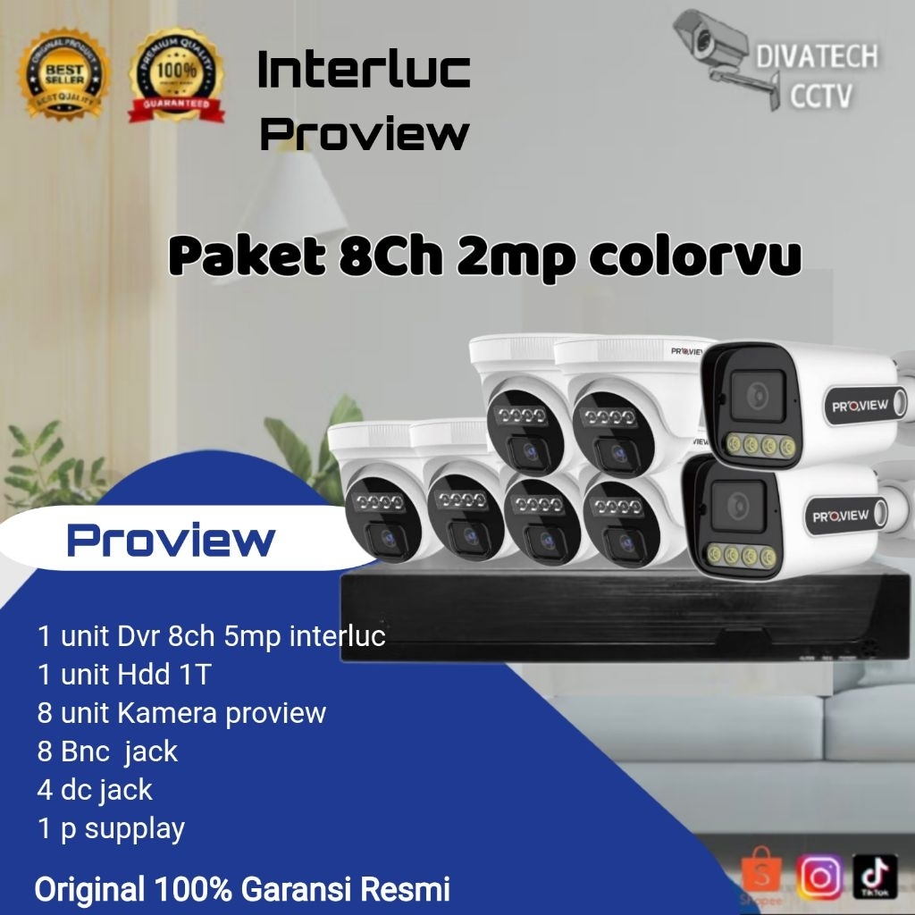 PAKET 8 CAMERA CCTV 2MP COLORVU 1080 SIANG MALAM BERWARNA ORIGINAL PROVIEW COLORVU PAKET LENGKAP
